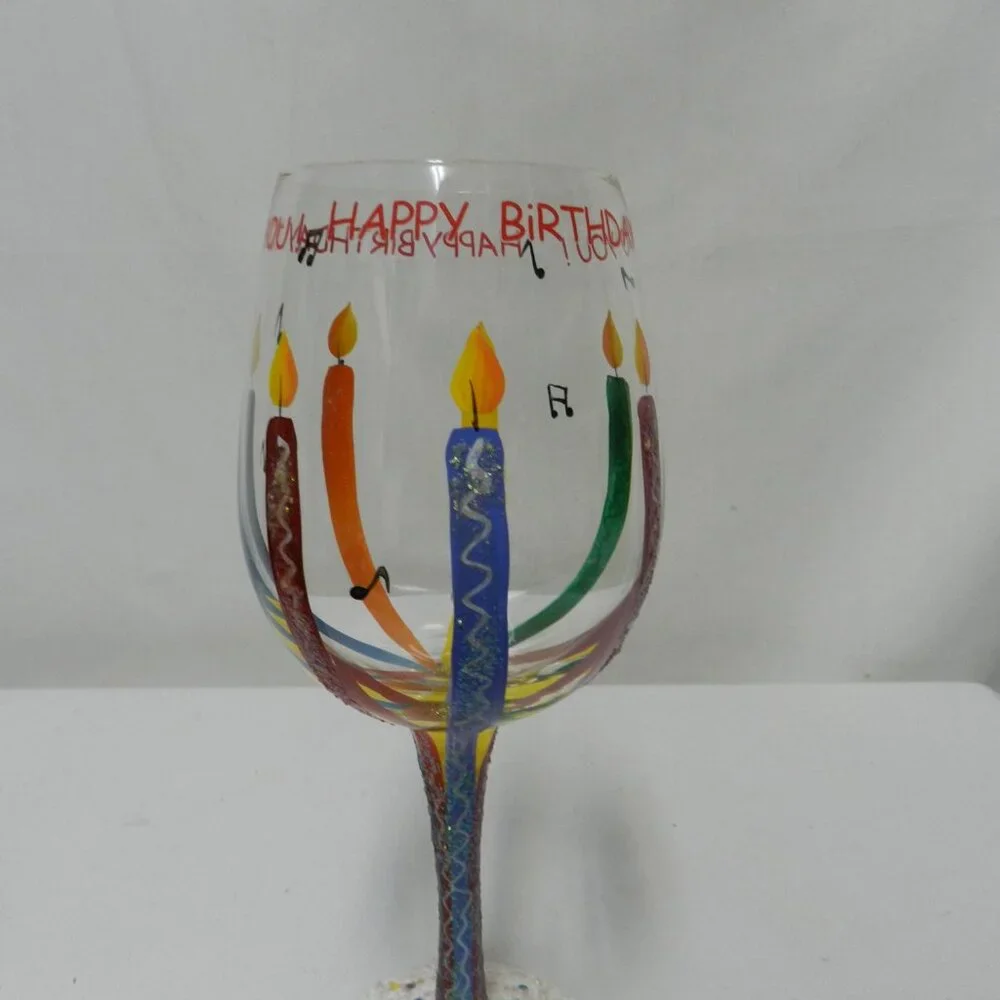 Lolita Happy Birthday Wine Glass Hand Painted Candles Recipe Bottom 15 oz w/ Box
